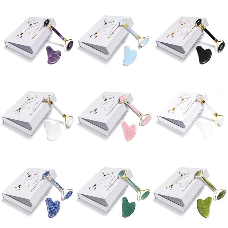 Jade Gua Sha Tool - Rosenquarz Natürlicher Jade-Roller Massagegerät Guasha-Set Obsidian